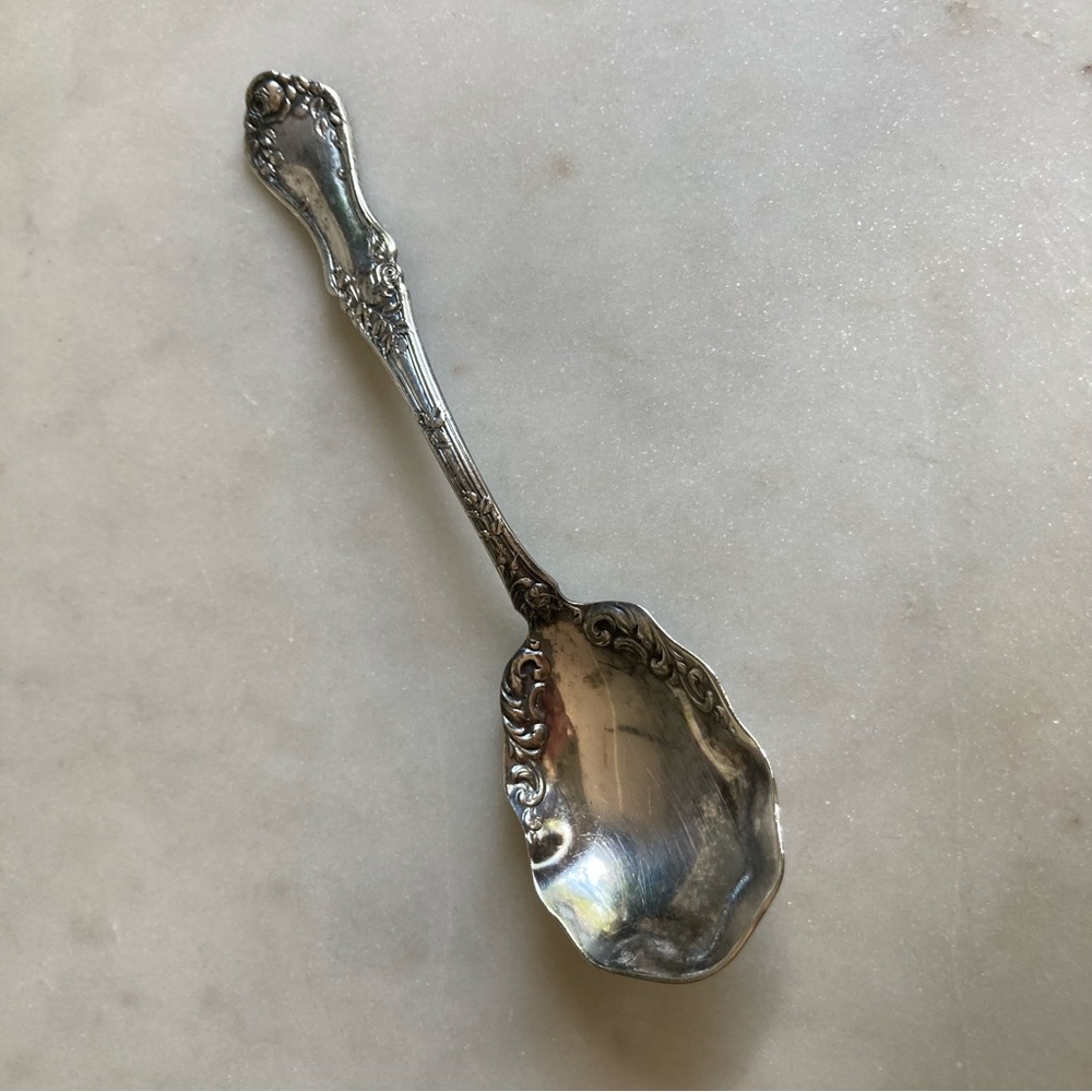 Antique Rockford Silver Sugar Spoon With Rose Pattern